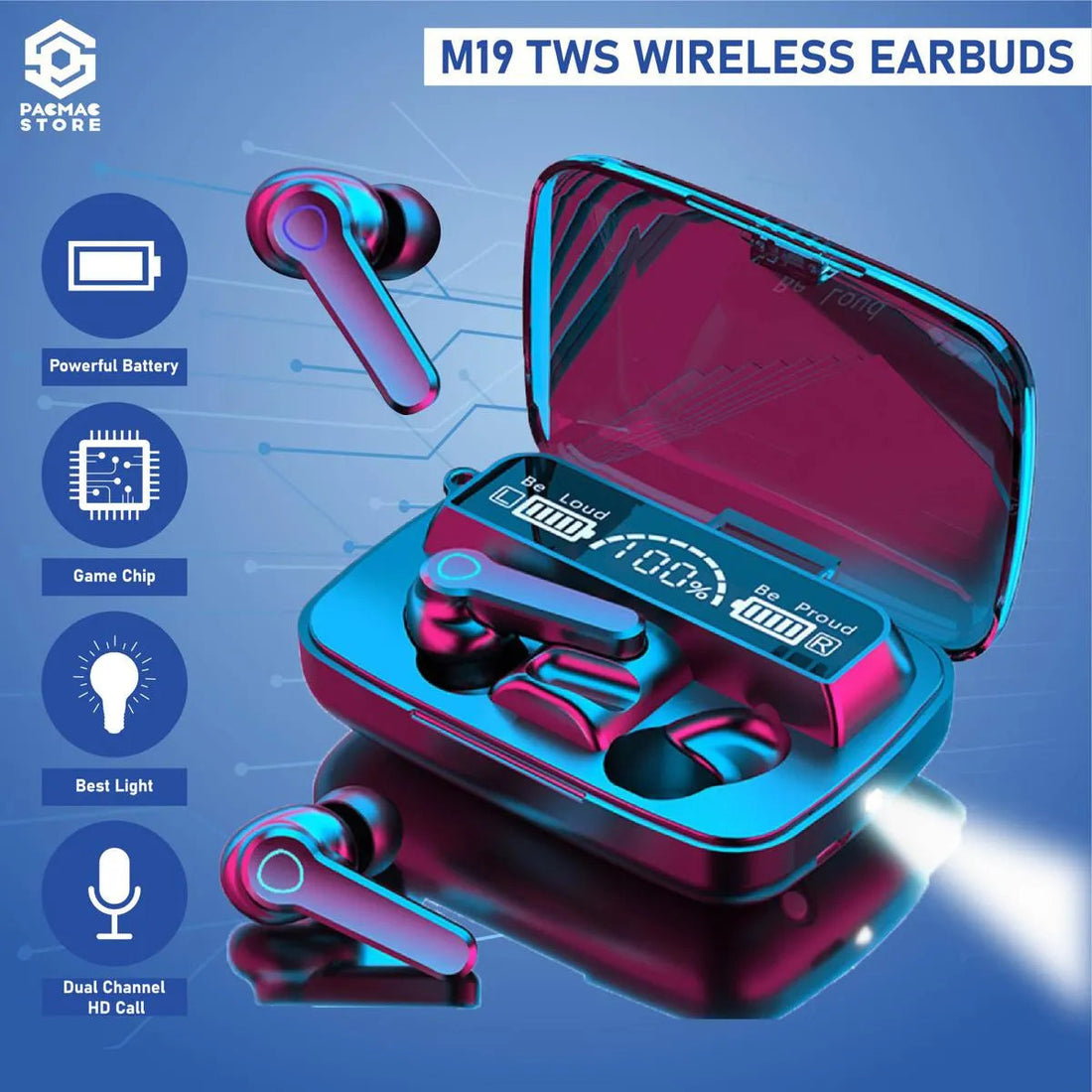 M19 Earbuds TWS Earphone Touch Control Wireless Bluetooth 5.1 Headphones With Microphone With flashlight - Flex